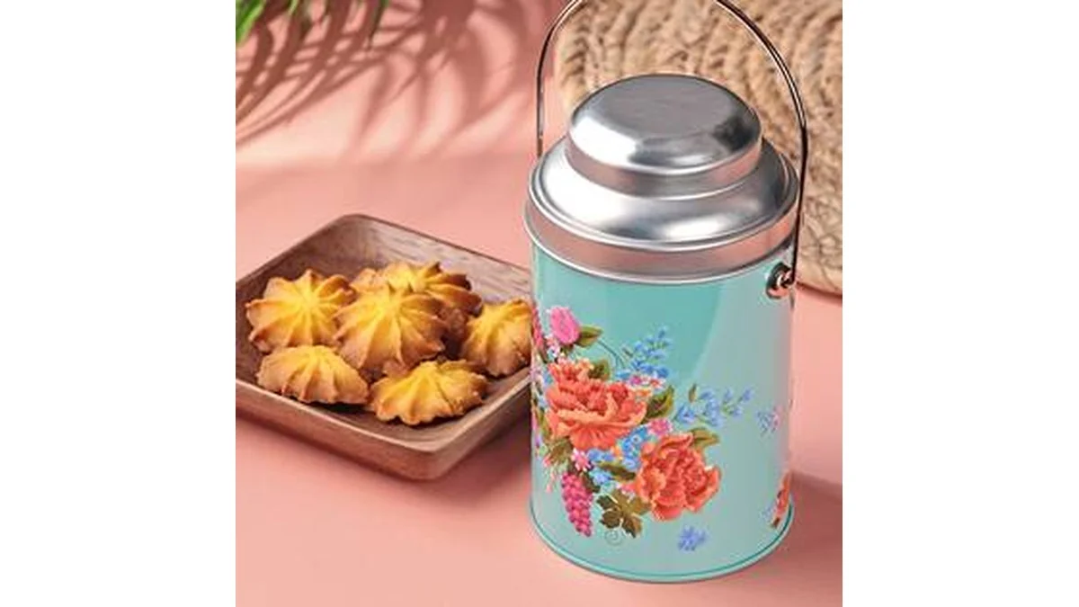 パイナップル風クッキー　客家柄缶　ブルー　1個