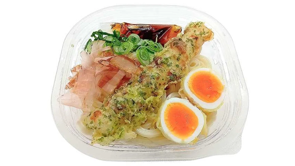 ちくわ磯辺天半熟玉子天の冷しぶっかけうどん